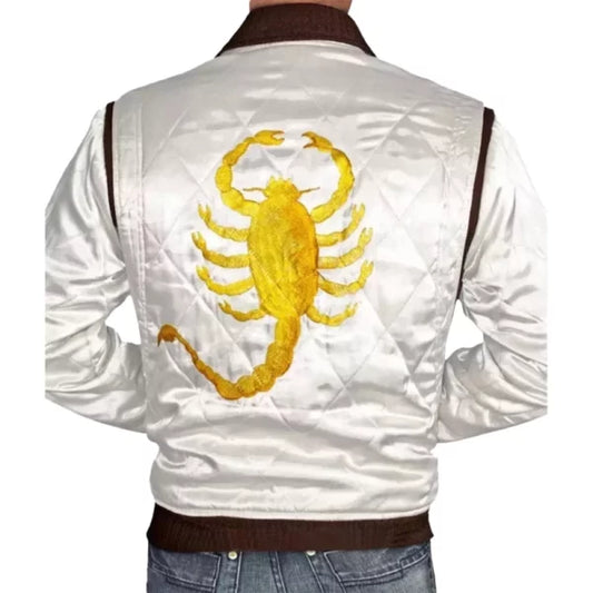 Mens White Satin Quilted Ryan Gosling Drive Jacket