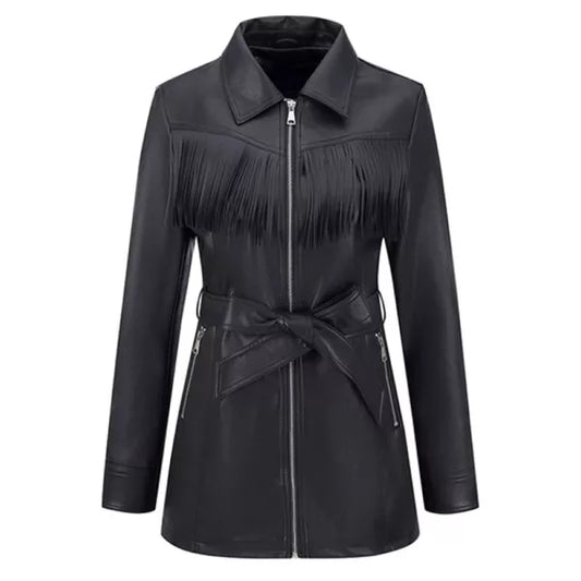 Black Geniune Leather Fringe Jacket for Women