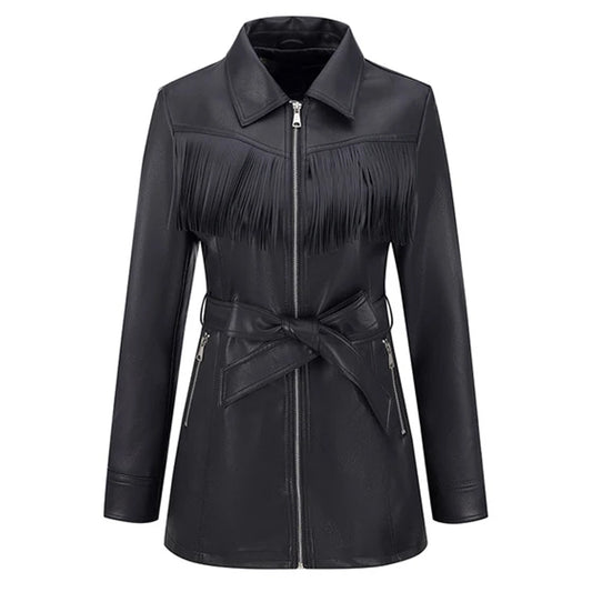 Black Geniune Leather Fringe Jacket for Women