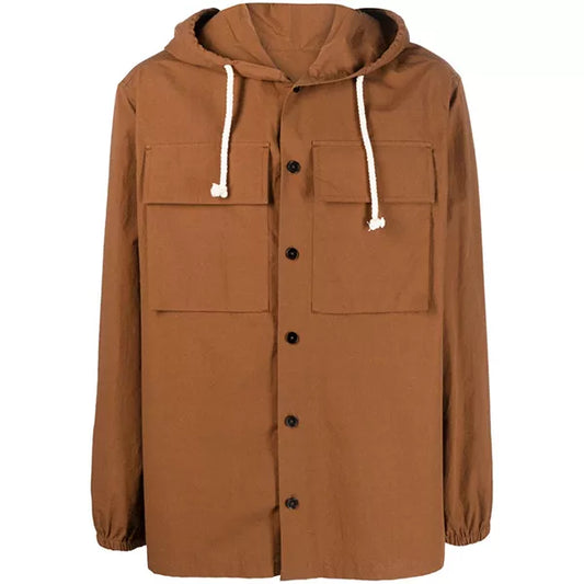 Brown Hooded Cotton Men's Shacket Jacket