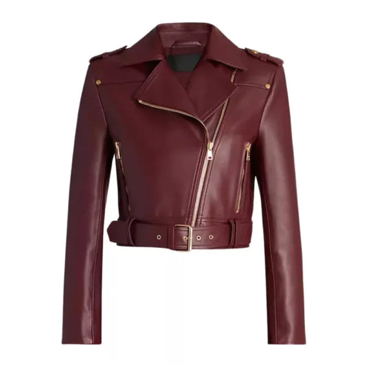 Laura Maroon Biker Cropped Leather Jacket
