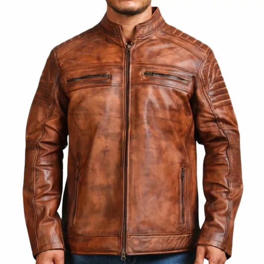 Mens Vintage Cafe Racer Distressed Brown Motorcycle Leather Jacket