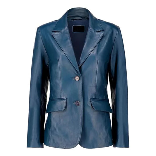 Womens Blue Two Button Leather Blazer Jacket