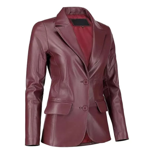 Womens Maroon Two Button Leather Blazer