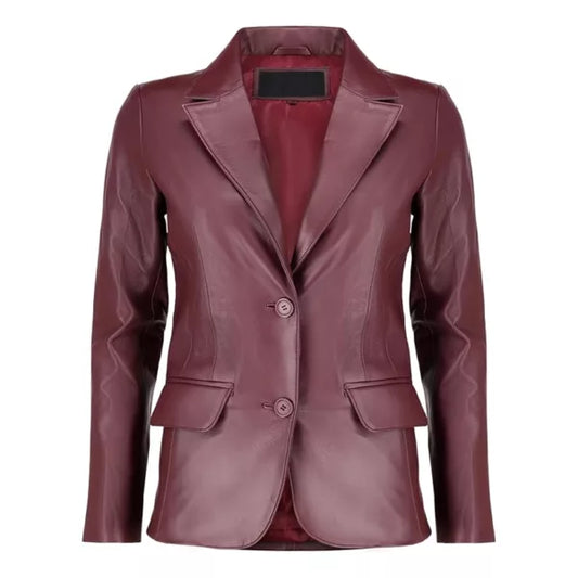 Womens Maroon Two Button Leather Blazer