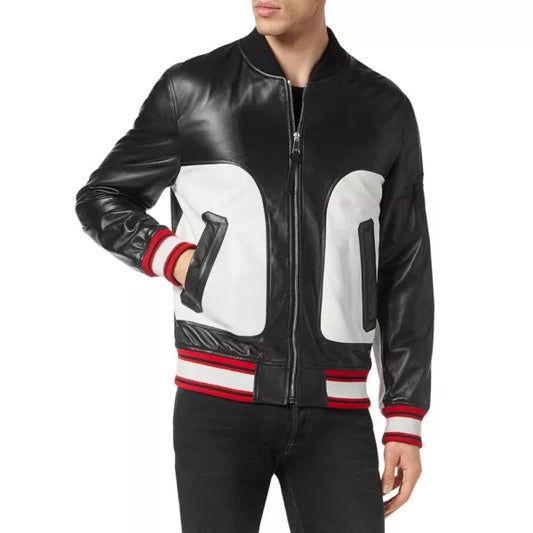 Men's Black and White Leather Bomber Jacket
