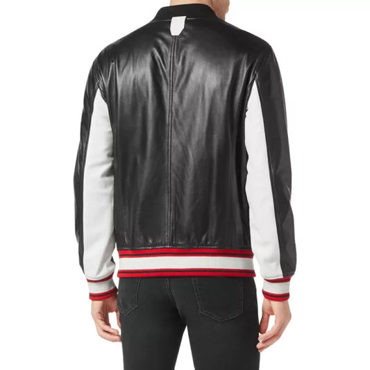 Men's Black and White Leather Bomber Jacket