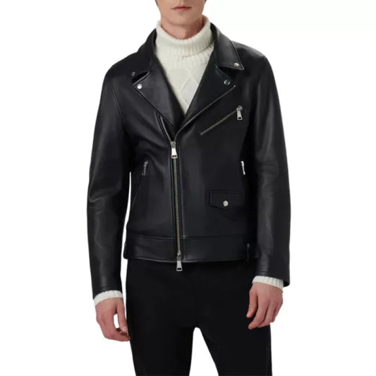 Charles Black Leather Biker Jacket With Snap Belt Loops