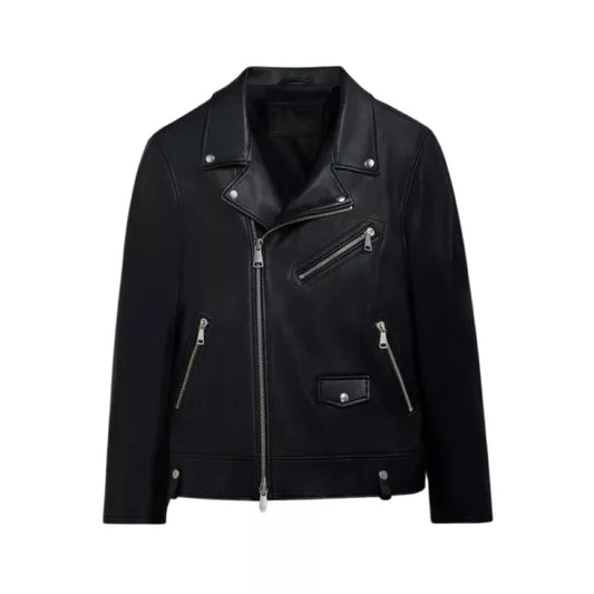 Charles Black Leather Biker Jacket With Snap Belt Loops