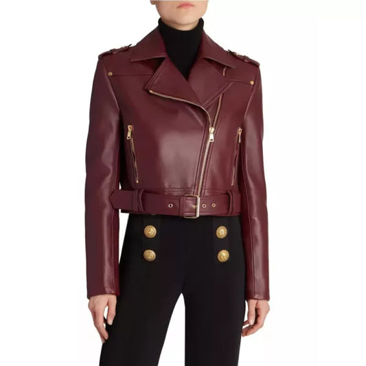 Laura Maroon Biker Cropped Leather Jacket